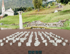 Ein Screenshot aus dem Game "Open Reassembly" zeigt die Fragmente der Platte und im Hintergrund den Ausgrabungsort.