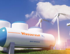 Ein 3D-Rendering eines Wasserstofftanks, im Hintergrund sind auch Windräder sowie PV-Anlage zu sehen.